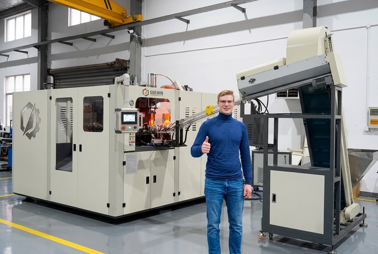 European customer thumbs up with Sailwin 2 cavity PET blow molding machine factory visit