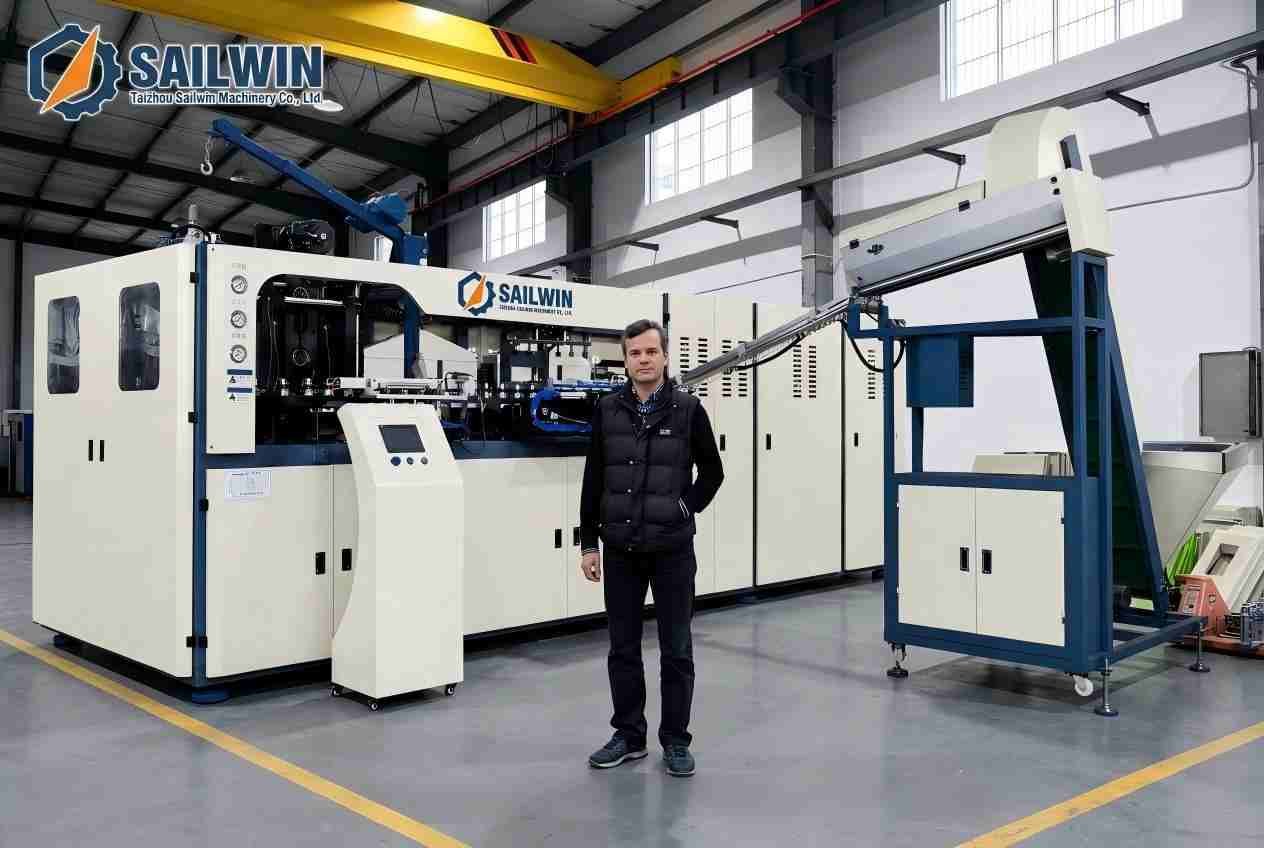 European customer visit Sailwin factory 6 cavity PET blow molding machine