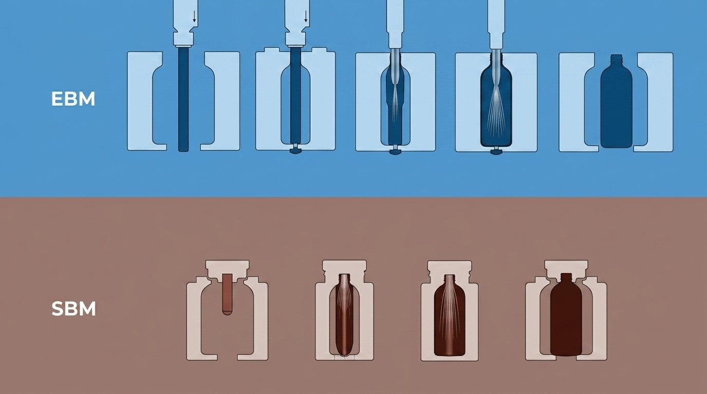 EBM vs SBM Process Comparison Extrusion blow molding vs stretch blow molding process comparison diagram — Sailwin