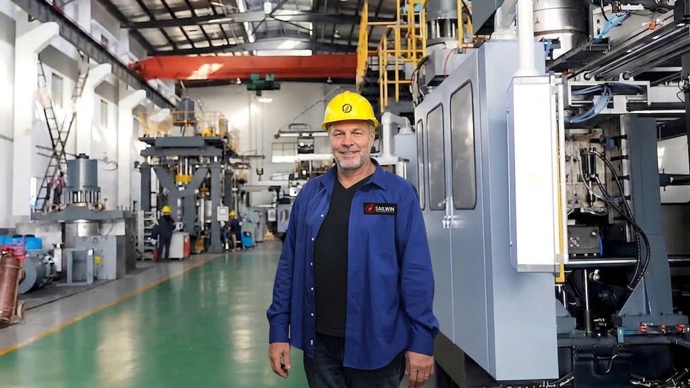 Sailwin HDPE blow molding machine factory worker production floor trust