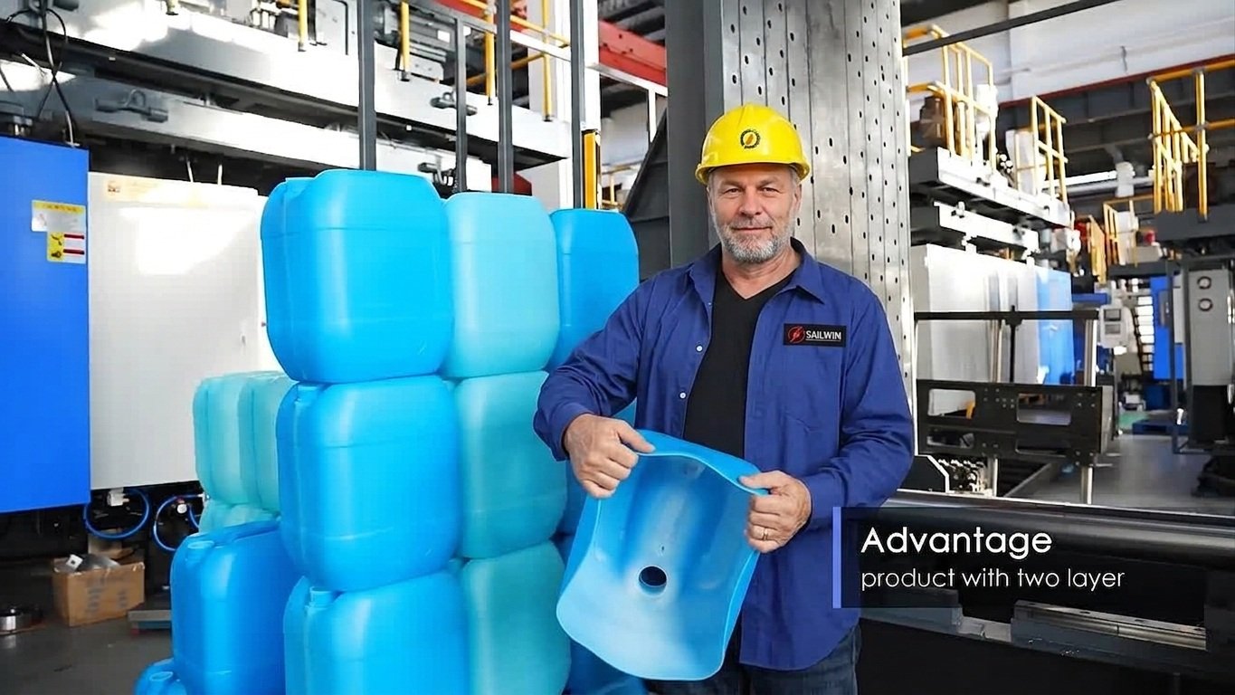 HDPE blow molding machine production worker showcase two layer drum advantage Sailwin