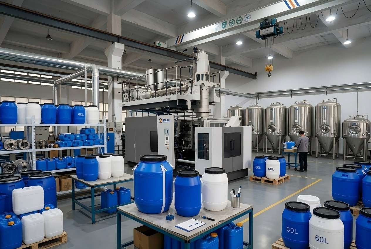 Standard blue HDPE chemical drum produced by accumulator blow molding machine