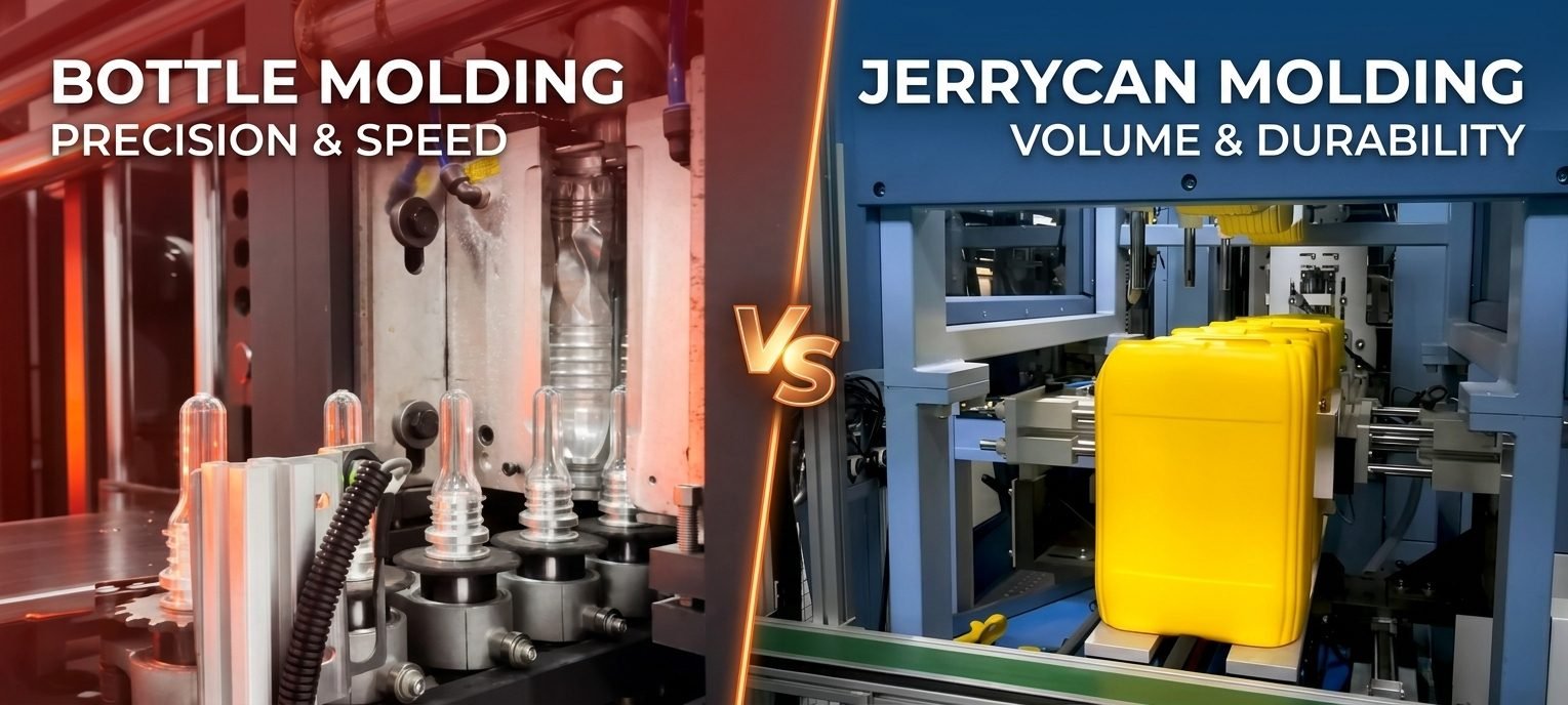 HDPE Jerrycan vs PET Water Bottle: EBM vs SBM HDPE jerrycan vs PET water bottle comparison — extrusion vs stretch blow molding application examples