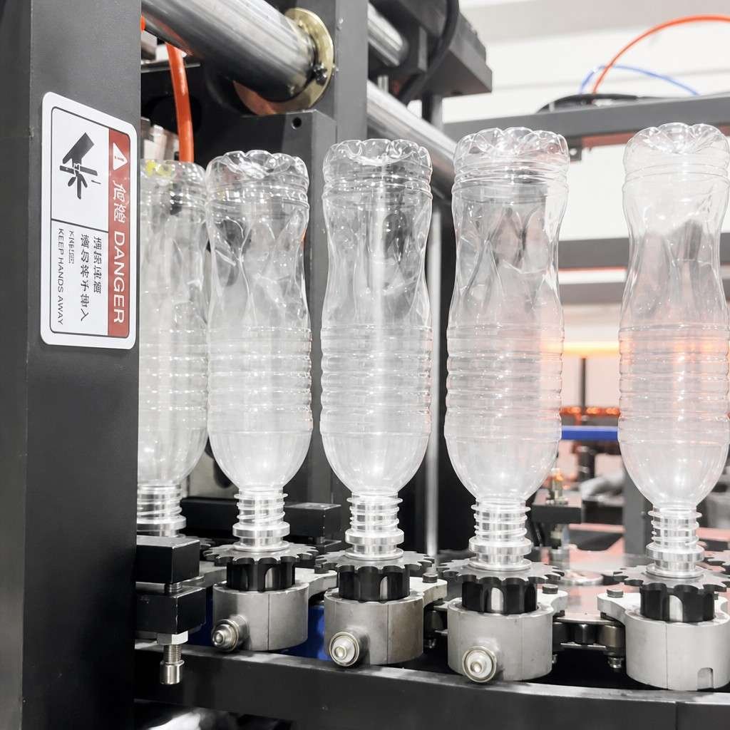6 cavity PET blow molding machine bottle output station close-up Sailwin