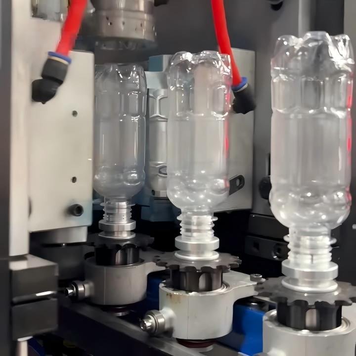 PET water bottle blowing machine 4 cavity mold station simultaneous forming red background Sailwin