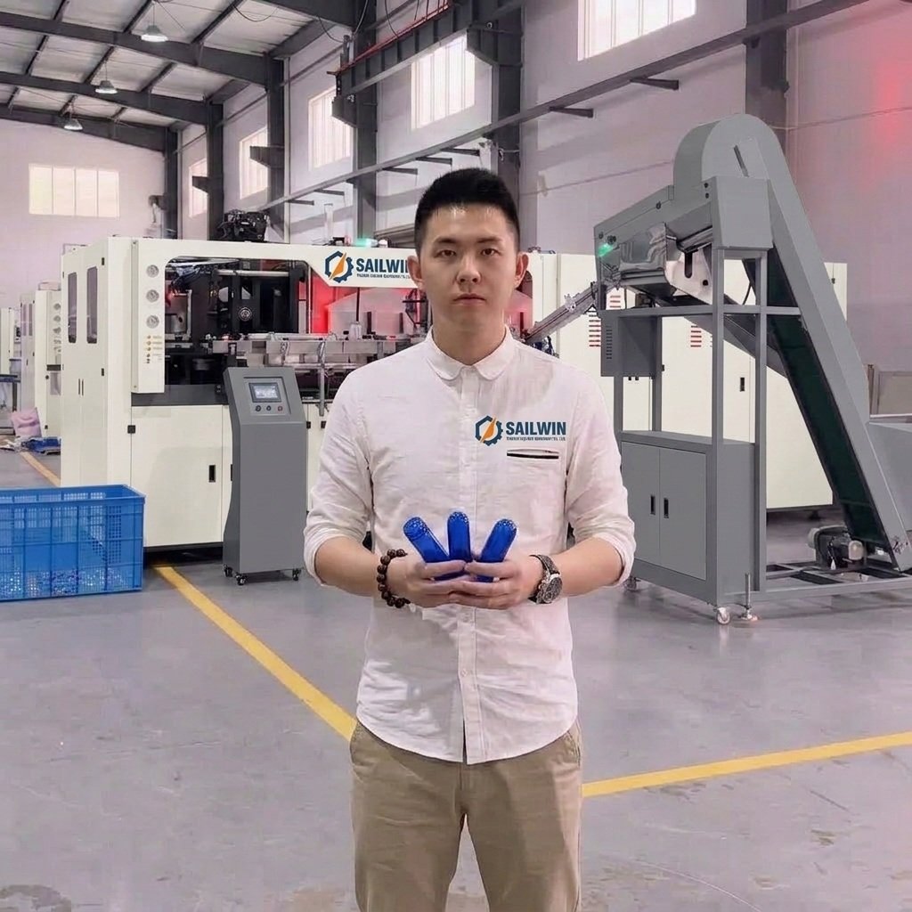 Sailwin engineer product demo factory floor PET water bottle blowing machine preform