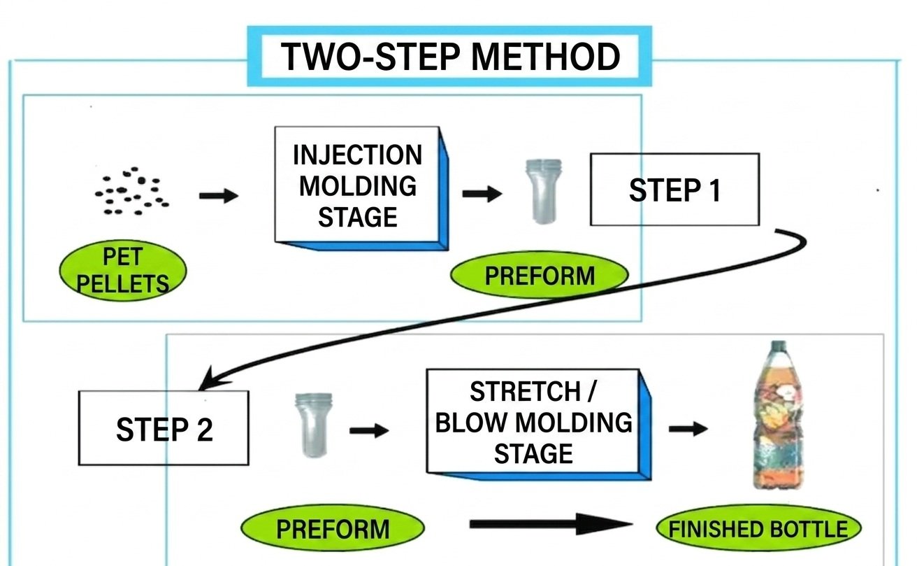 Single-stage vs 2-stage PET stretch blow molding process comparison diagram — Sailwin