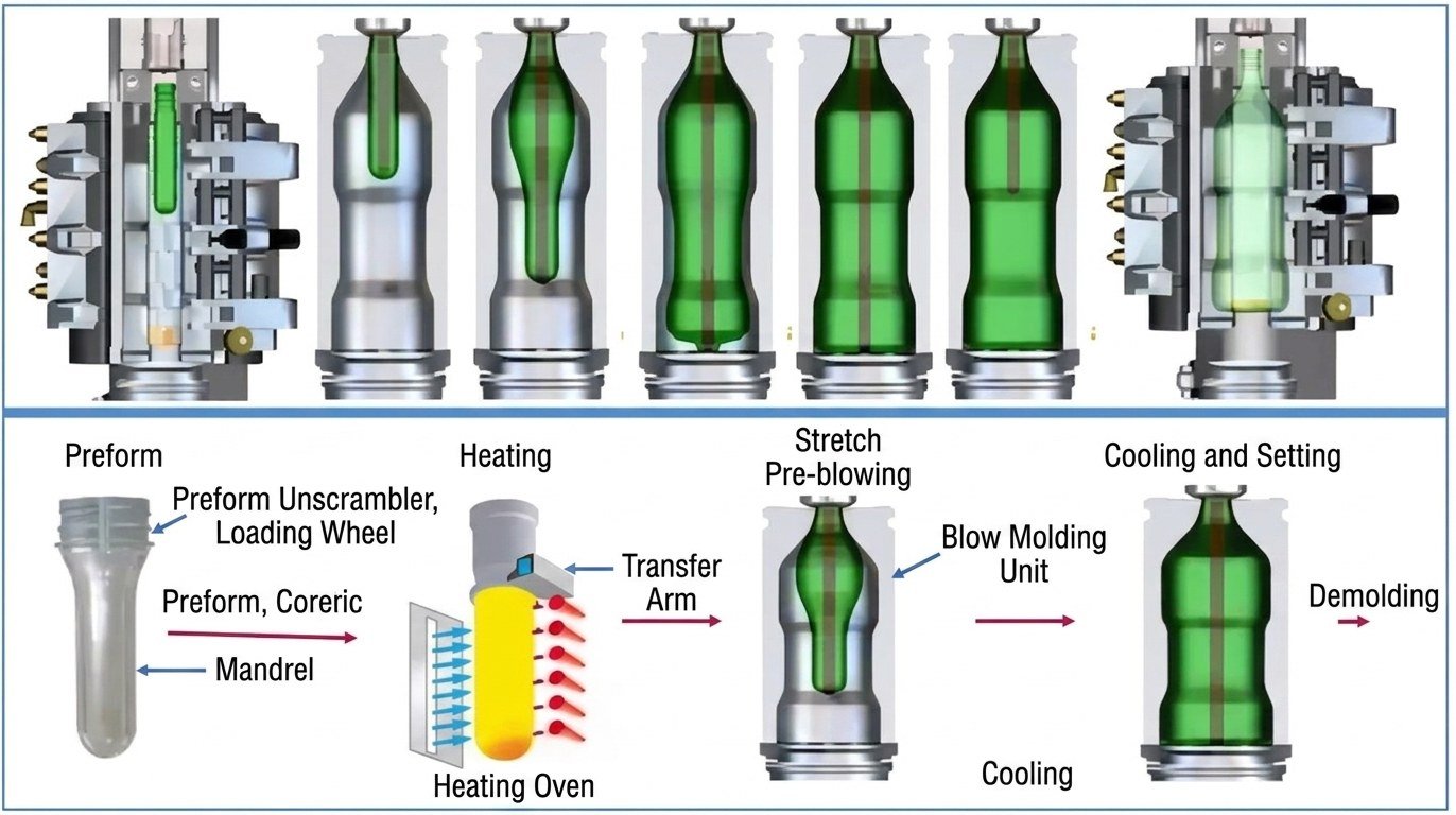 Single-stage vs 2-stage PET blow molding process flow comparison — Sailwin technical guide