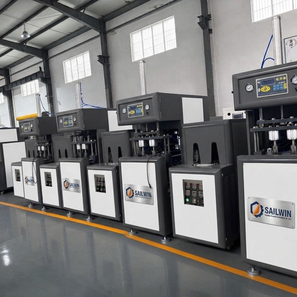Sailwin SW-2000-2 semi automatic PET blow molding machine factory showroom multiple units in stock