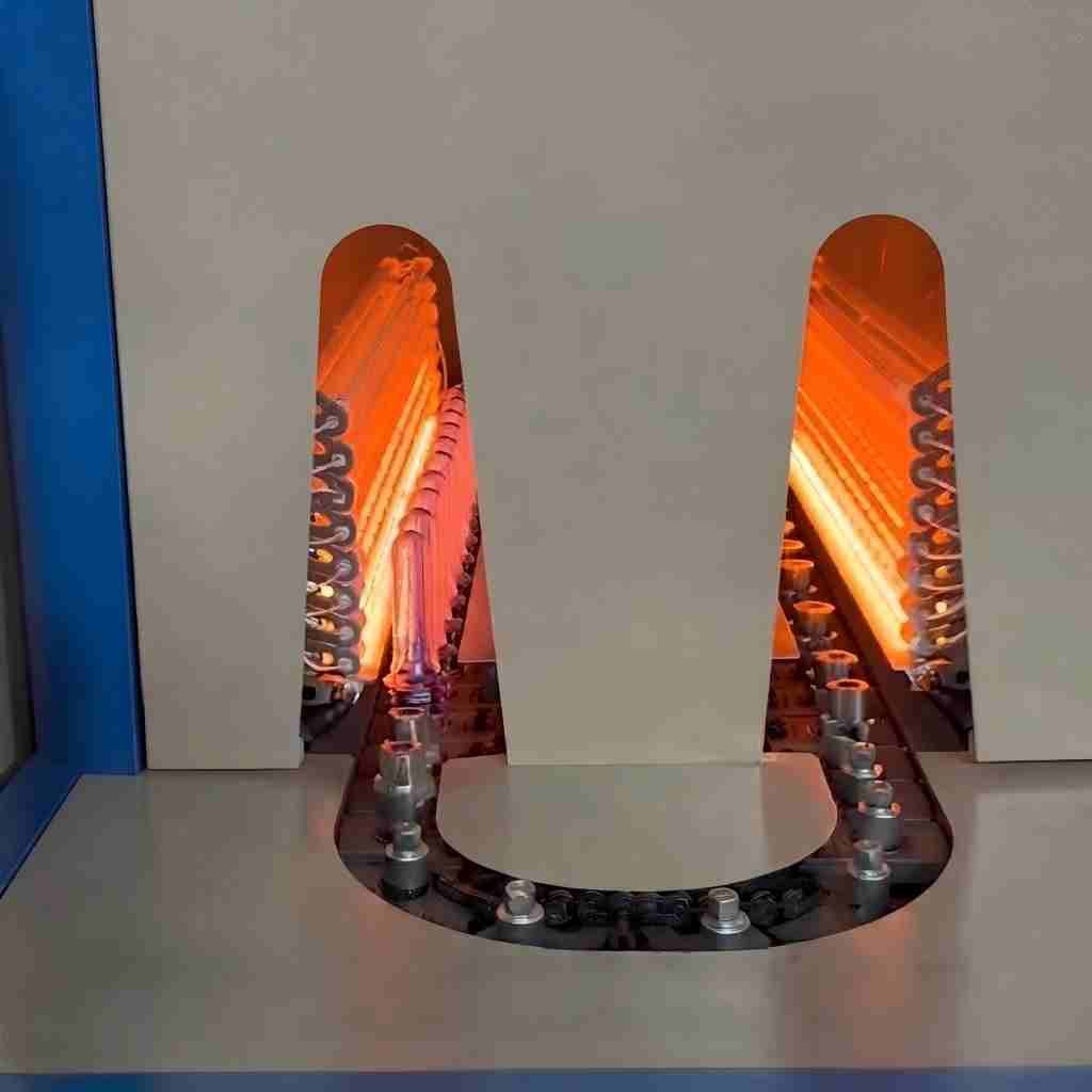 SW-2000-2 semi automatic PET blow molding machine infrared heating rod closeup orange glow