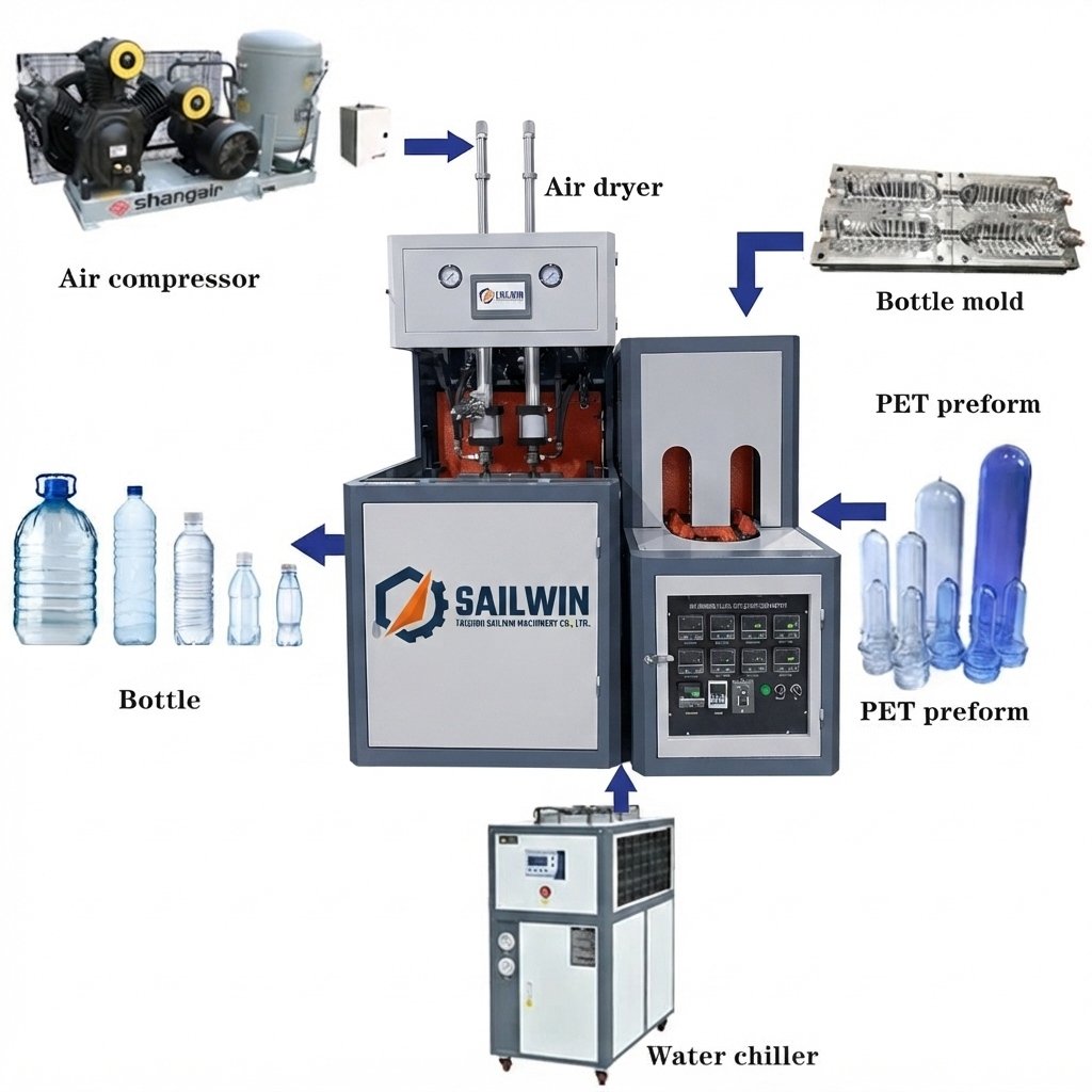 SW-2000-2 semi automatic PET blow molding machine working process diagram accessories air compressor mold chiller
