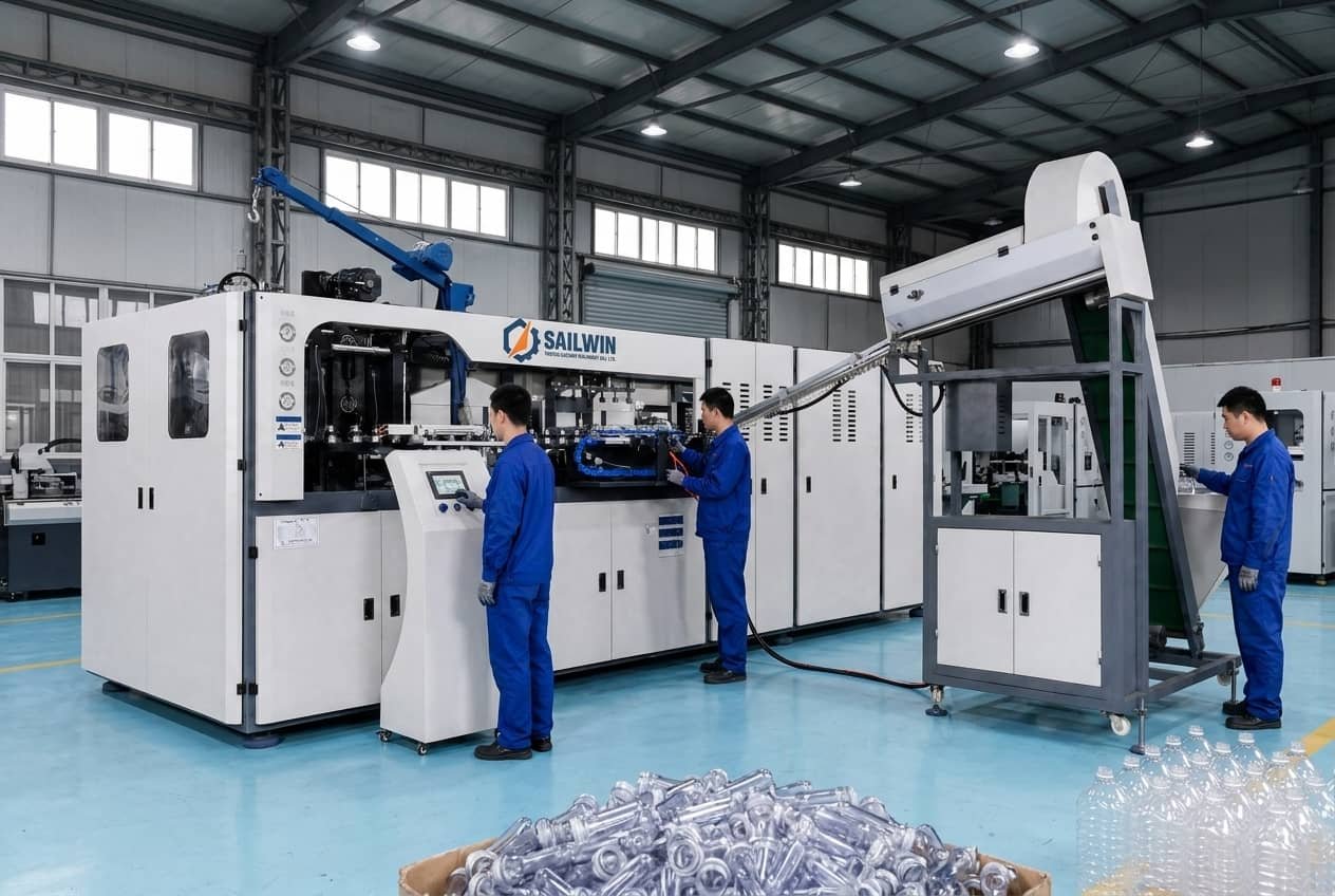 6 cavity fully automatic PET blow molding machine SW-F6-650 SW-F6-2000 SW-F9 9 cavity Sailwin factory