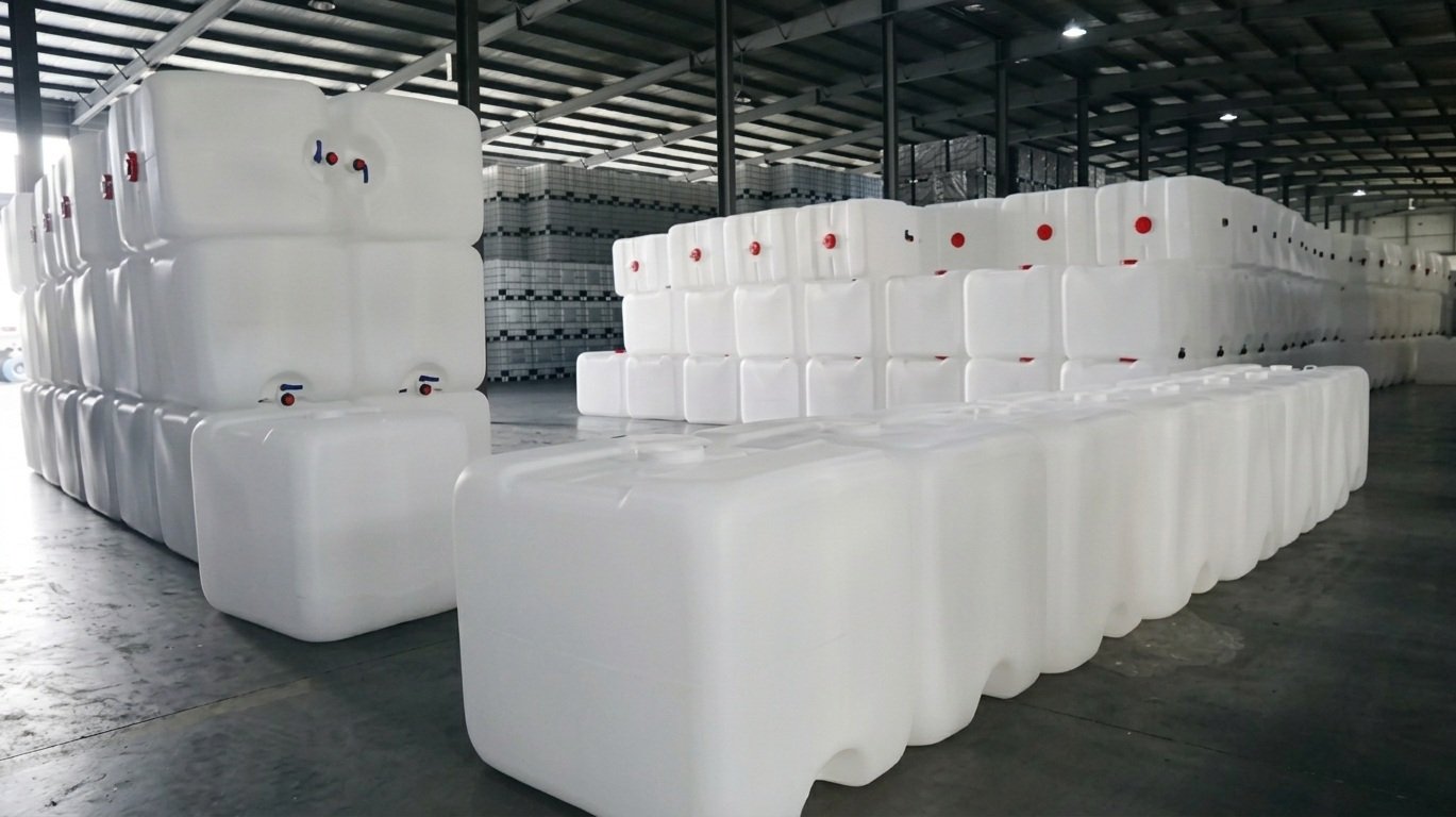 1000L IBC tank white HDPE inner bottle containers stacked in industrial warehouse produced on high capacity accumulator blow molding machine — Sailwin