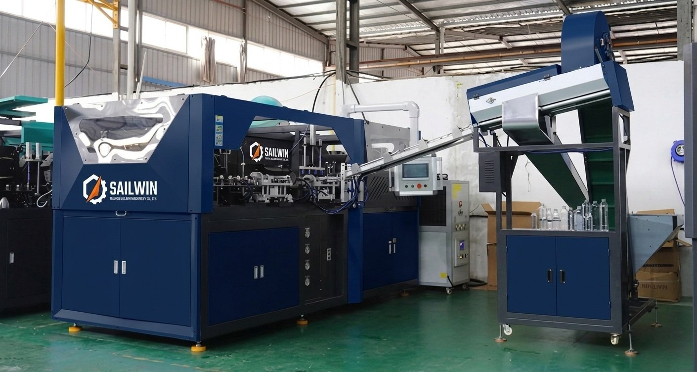 Automatic PET stretch blow molding machine equipped with heavy duty auto preform elevator hopper and gravity unscrambler feeder — Sailwin