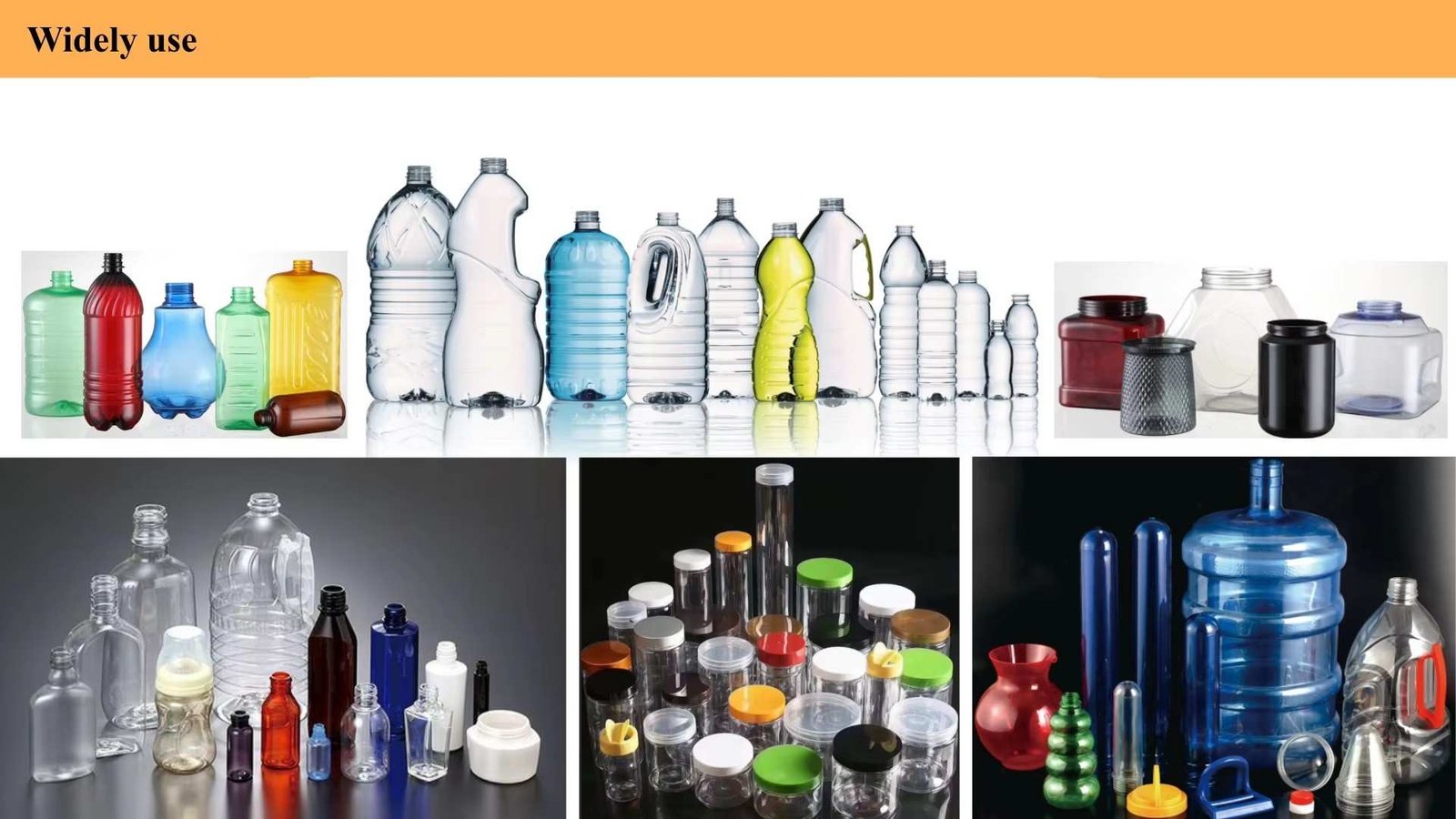 Application display comparing narrow neck beverage bottles with wide mouth PET food jars and cosmetic containers — Sailwin Machinery
