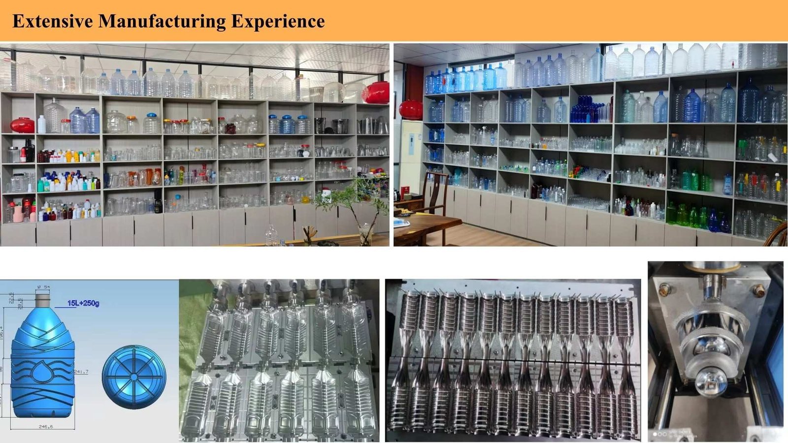 Extensive manufacturing experience display showing custom bottle samples, precision aluminum mold cavities, and bottom petaloid designs — Sailwin
