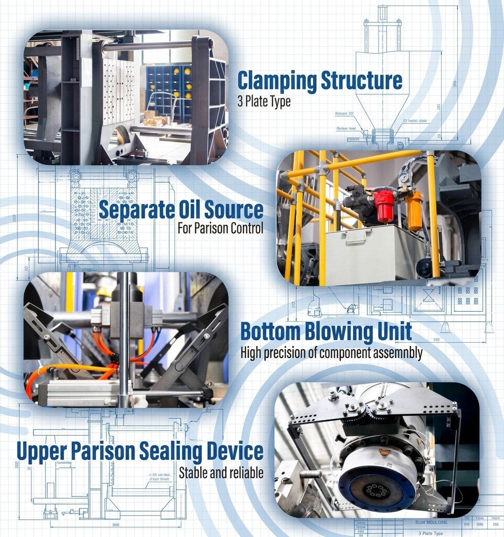 Core Machine Mechanical Architecture Extrusion blow molding machine core components infographic detailing clamping structure, parison wall thickness control, hydraulic oil station, and bottom blowing unit — Sailwin