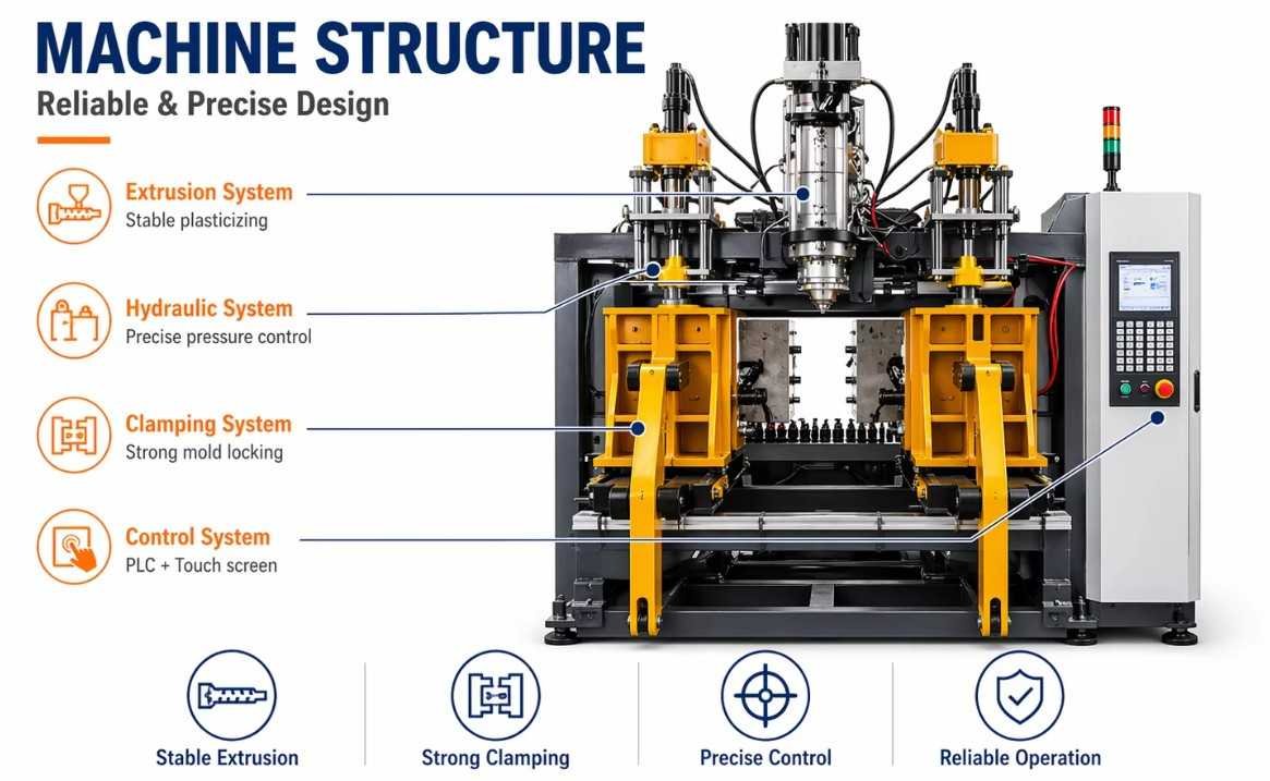 Blow Molding Machine Mechanical Architecture Extrusion blow molding machine mechanical structure diagram highlighting continuous extruder, clamping unit, hydraulic powerpack, and PLC controller — Sailwin