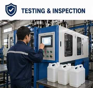 Testing and Quality Inspection on PLC Screen Extrusion blow molding machine testing and quality inspection featuring smart PLC touchscreen operation and finished plastic jerrycans — Sailwin