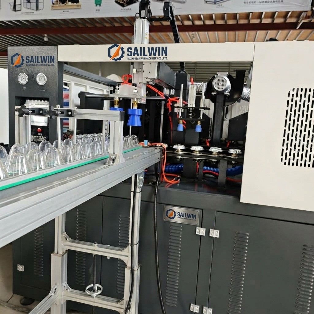 Automatic bottle discharge station and stainless steel air conveyor interface transporting blown PET bottles smoothly — Sailwin