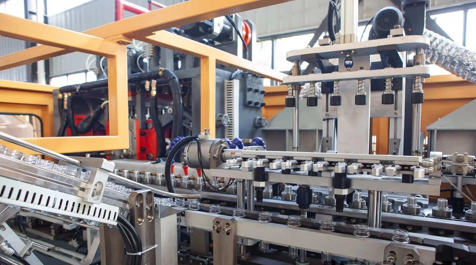 High speed fully automatic PET stretch blow molding machine operating on factory floor with automated preform feeder — Sailwin