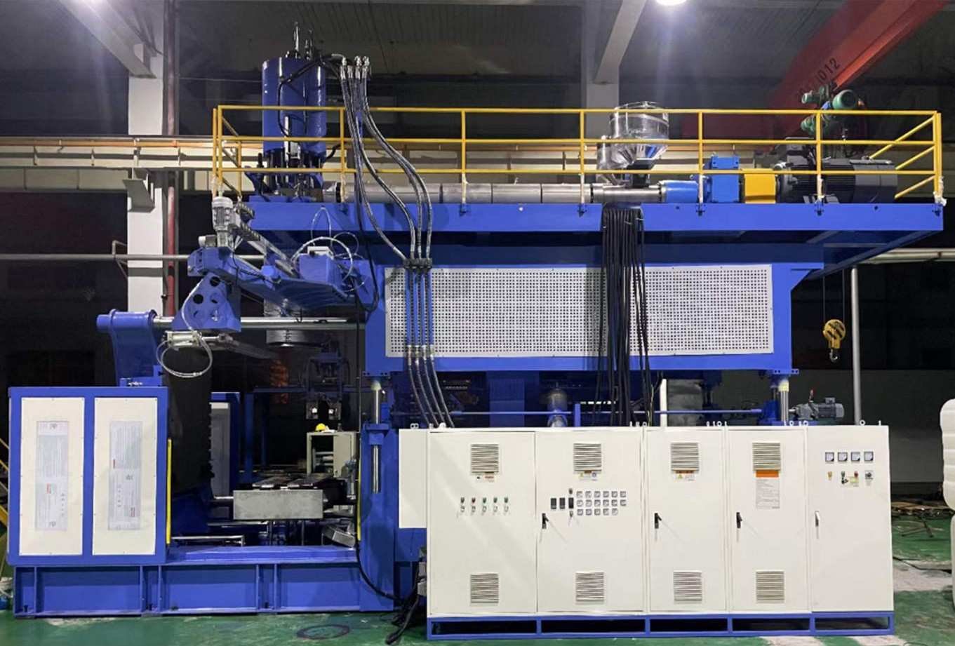 Heavy duty accumulator head blow molding machine full view with elevated working platform and smart touchscreen PLC control panel — Sailwin