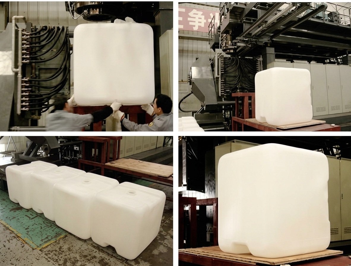 Large hollow plastic tank and chemical container demolding process from high capacity accumulator blow molding equipment — Sailwin
