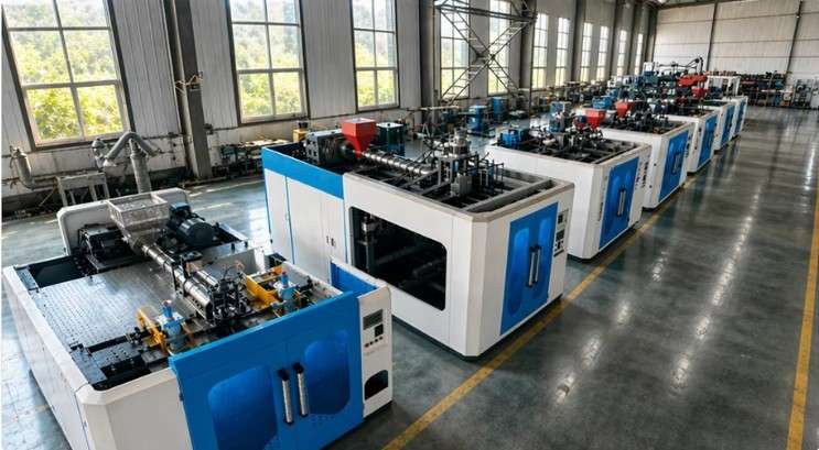 Industrial Machinery Manufacturing Facility Modern industrial machinery workshop aerial view showing batch assembly and quality testing of high speed automatic blow molding machines — Sailwin
