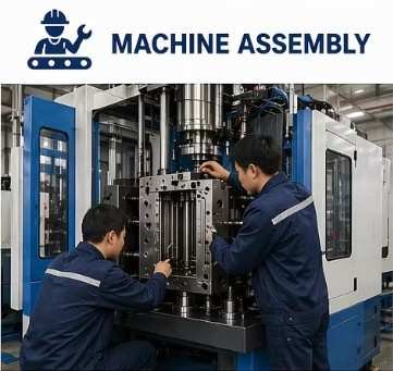 Engineers Calibrating Precision Clamping Unit Professional mechanical and electrical engineers assembling and calibrating extrusion blow molding machine clamping unit and precision bottle mold — Sailwin