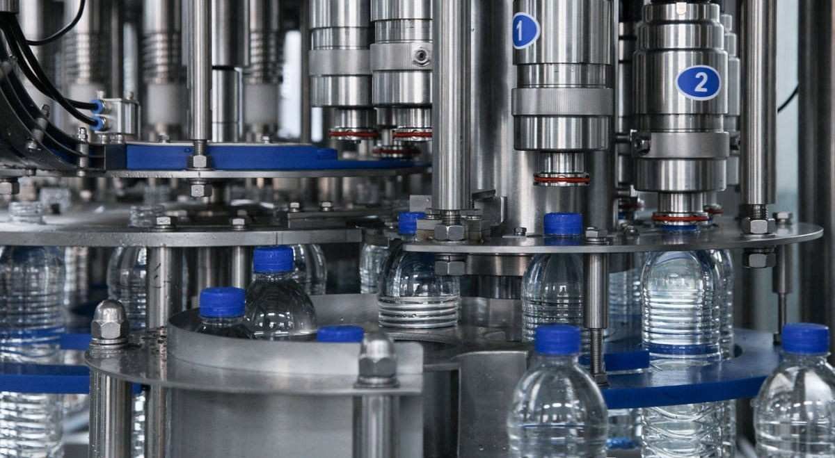 Rotary bottle neck starwheel and magnetic capping station in bottling line